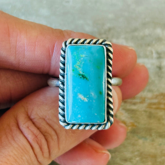 Navajo Johnny Dixon Sterling Silver & Kingman Turquoise Rectangle Ring