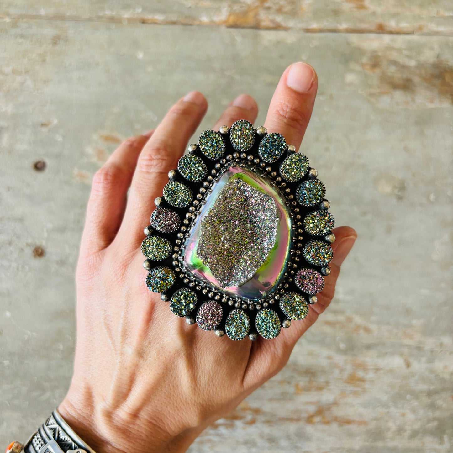 Navajo Hemerson Brown Sterling Silver & Druzy Statement Ring