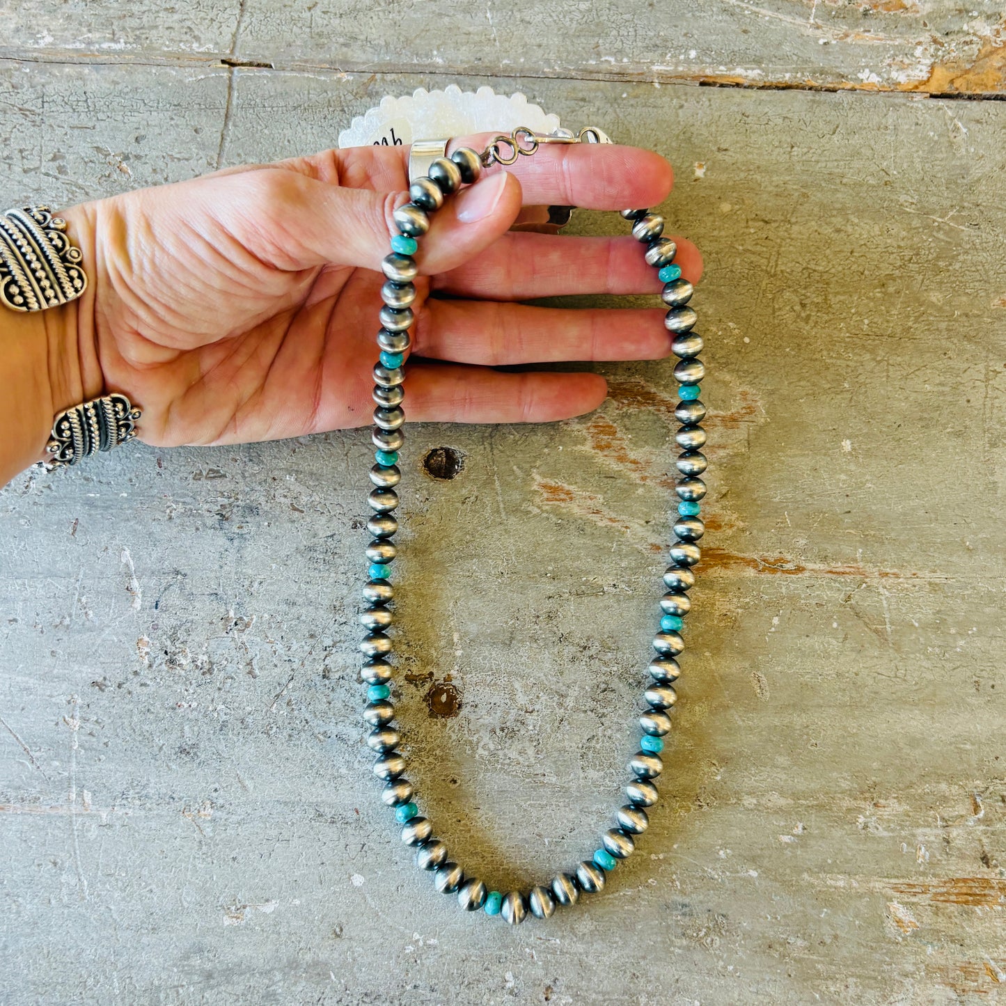 Navajo Preston Haley Sterling Silver & Kingman Turquoise 8mm Handmade Pearls Necklace