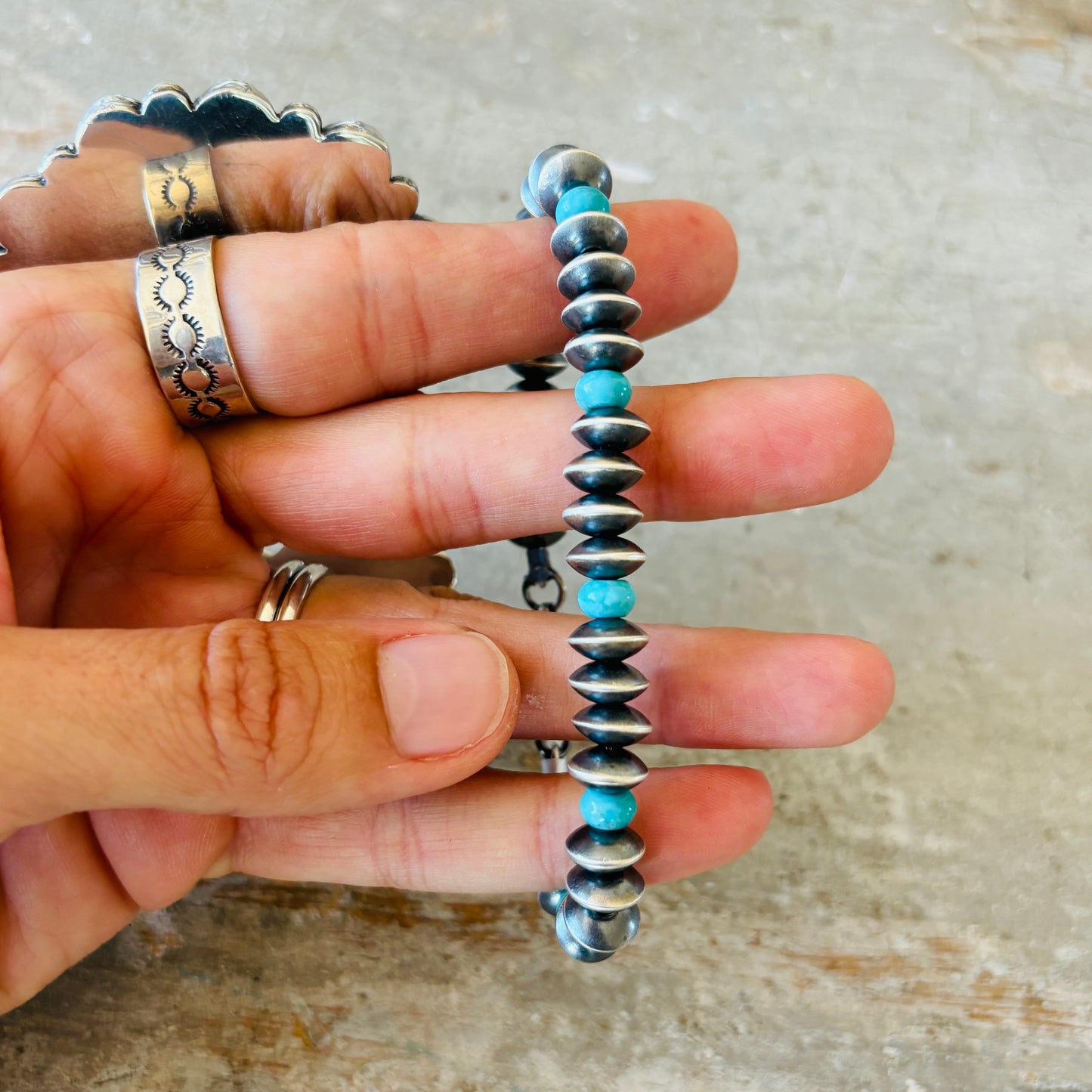 Navajo Preston Haley Sterling Silver 6mm Saucer Pearl & Turquoise Bracelet