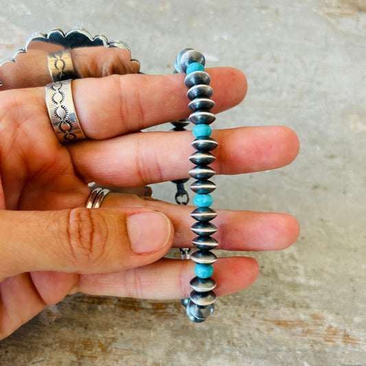 Navajo Preston Haley Sterling Silver 6mm Saucer Pearl & Turquoise Bracelet