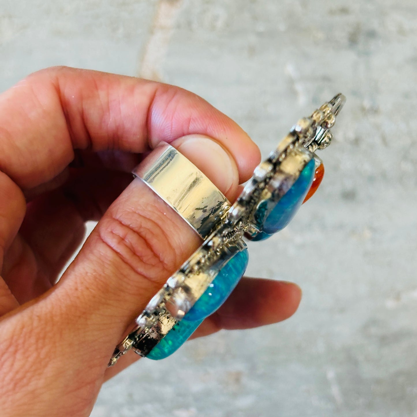Navajo Hemerson Brown Sterling Silver - Blue Lab Opal & Orange Spiny Dragonfly Ring