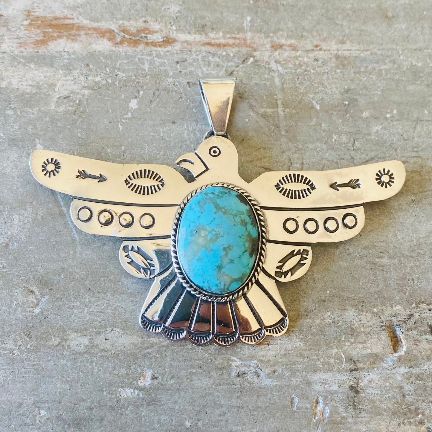 Navajo Signed Sterling Silver & Turquoise Thunderbird Pendant