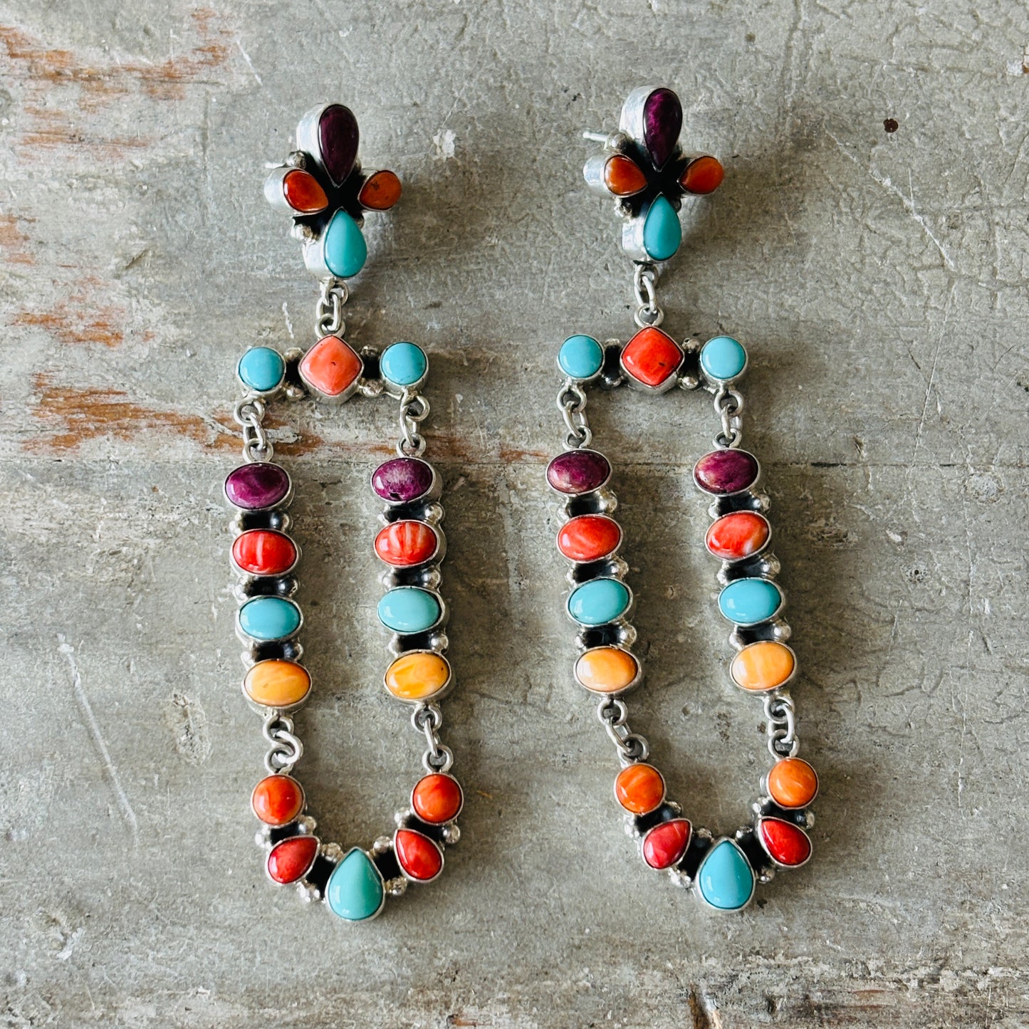 Navajo Jennifer Begay Sterling Silver Multi Stone Fiesta Statement Earrings