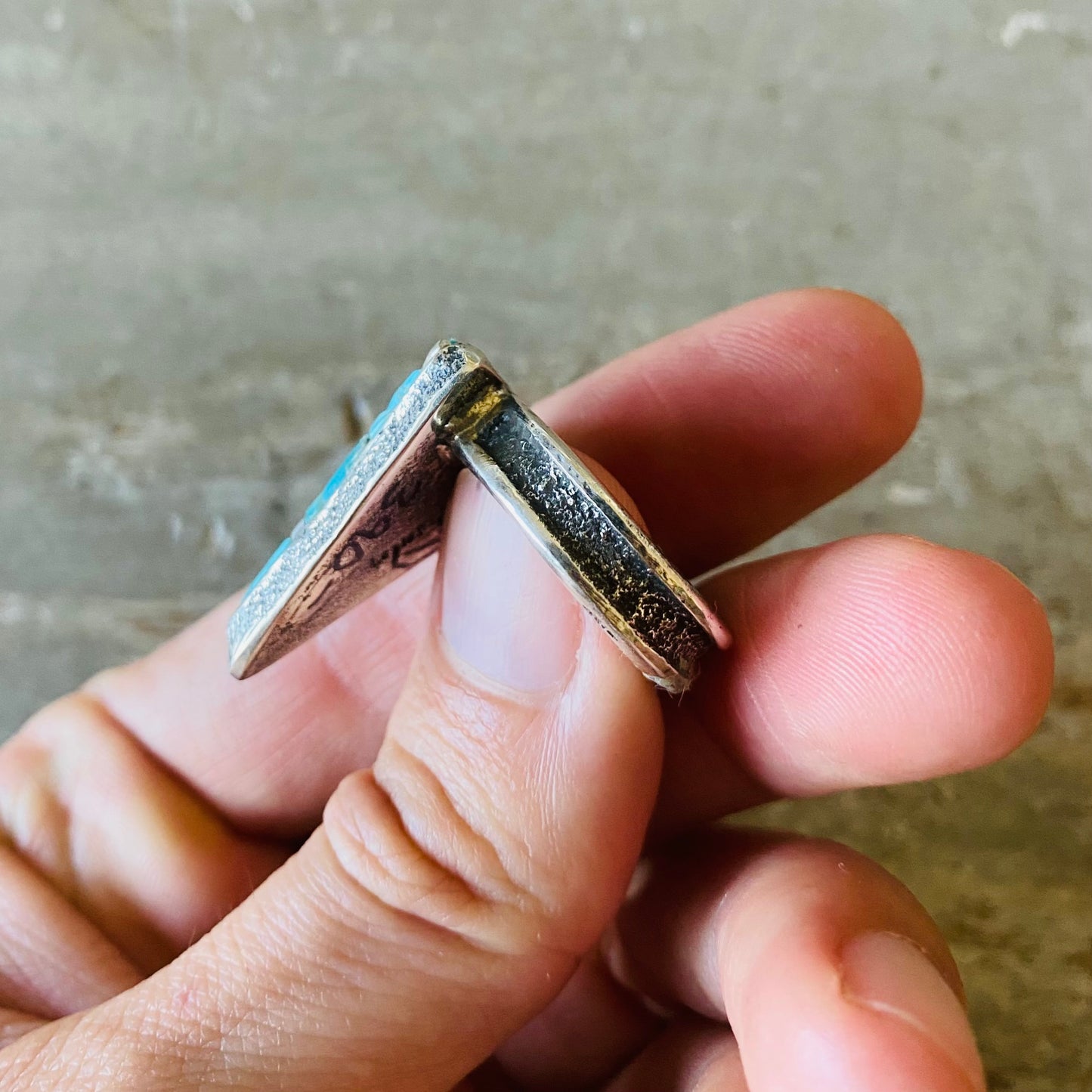 Navajo Lester James Sterling Silver & Kingman Turquoise Triangle Cobblestone Ring