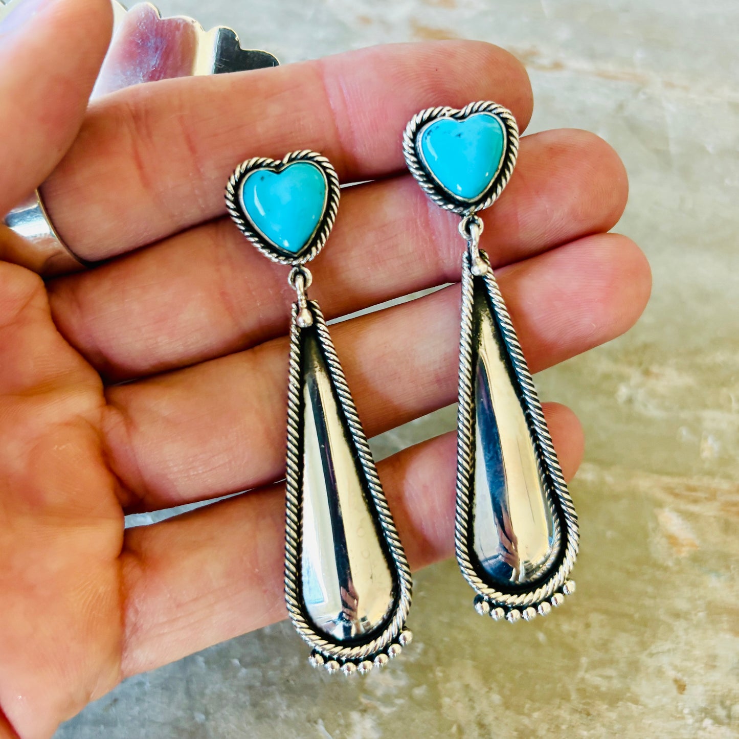 Navajo Steve Arviso Sterling Silver & Kingman Turquoise Heart Earrings