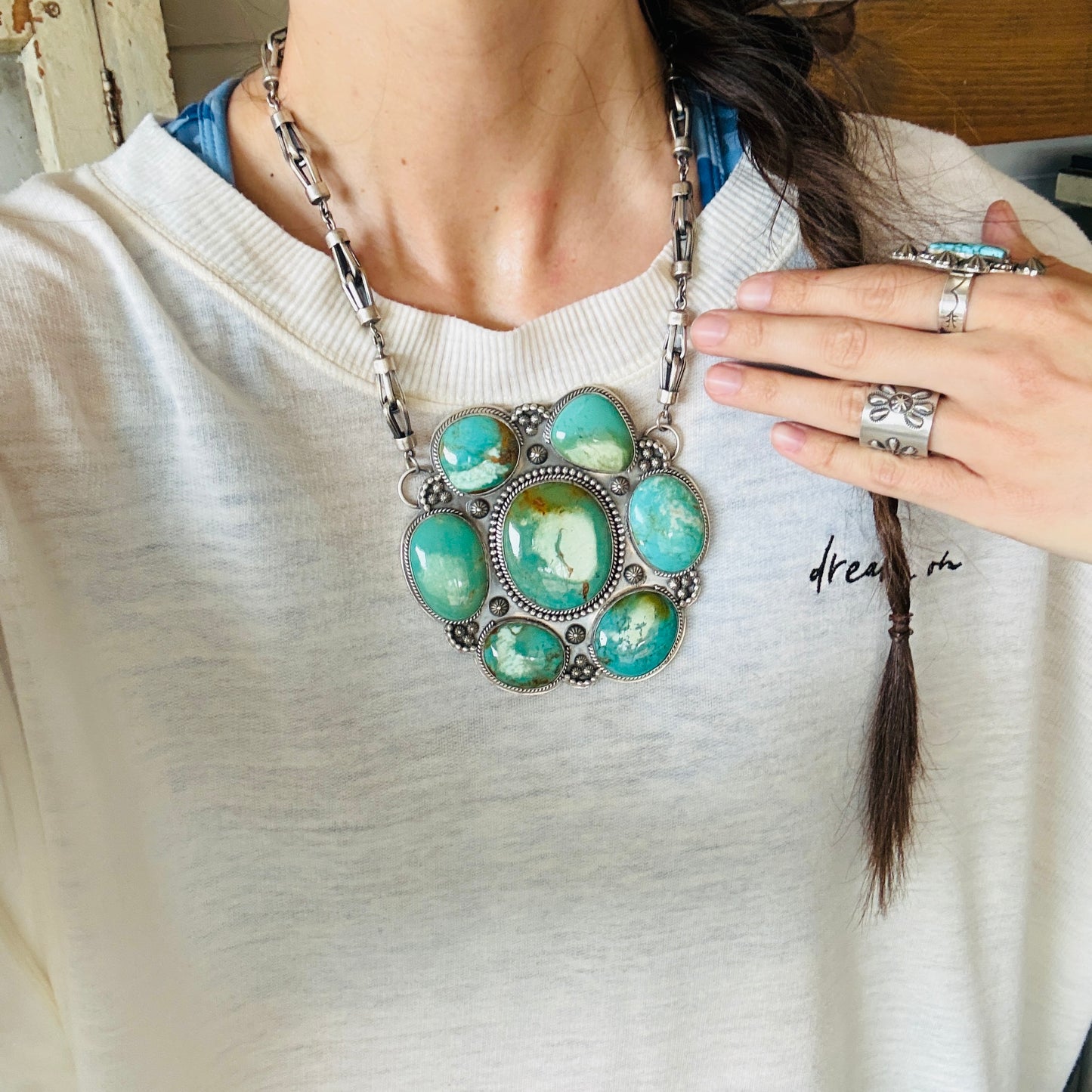 Navajo Gilbert Platero Sterling Silver & Cananea Turquoise Cluster Statement Necklace