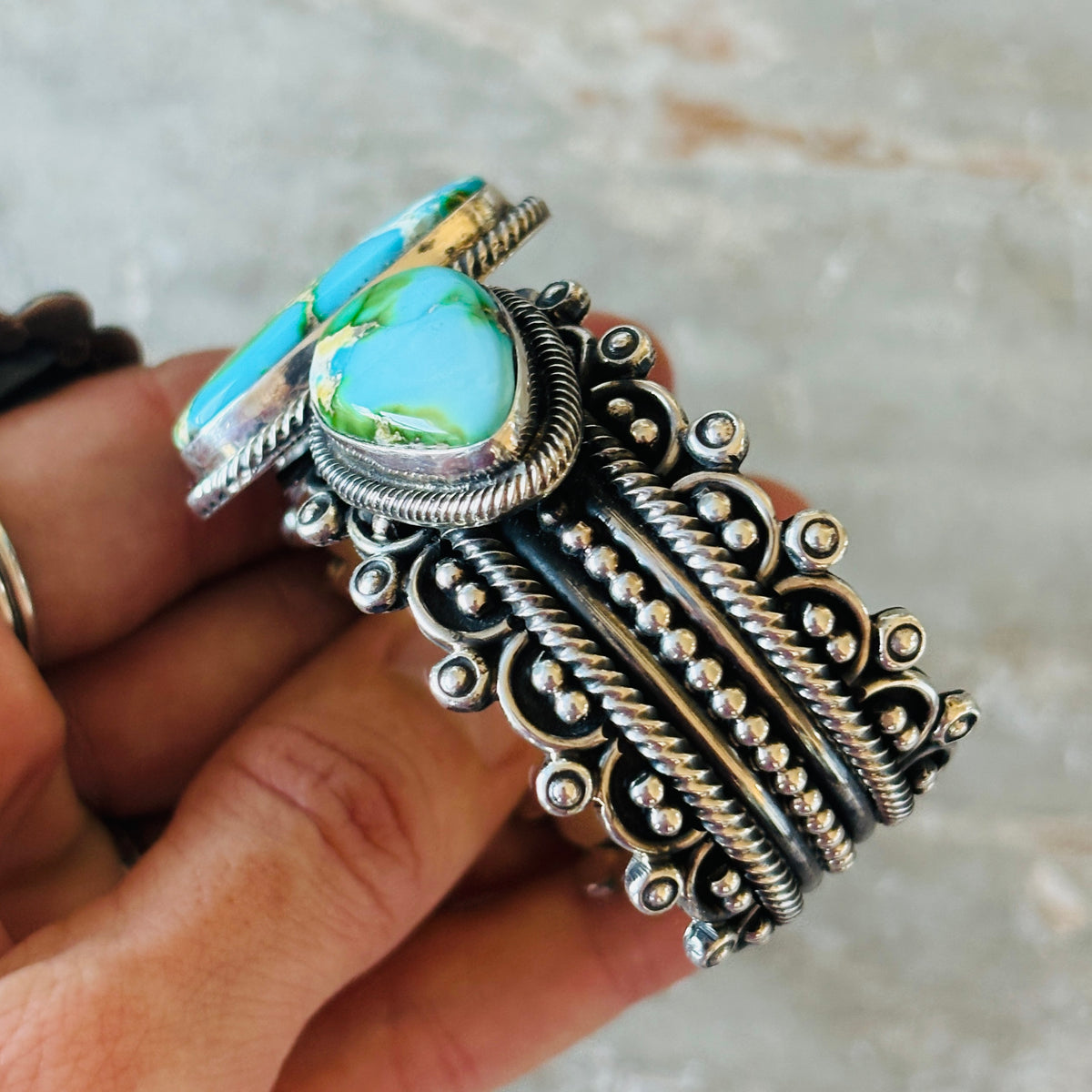 Navajo Hemerson Brown Sterling Silver & Sonoran Turquoise Three Stone Statement Cuff