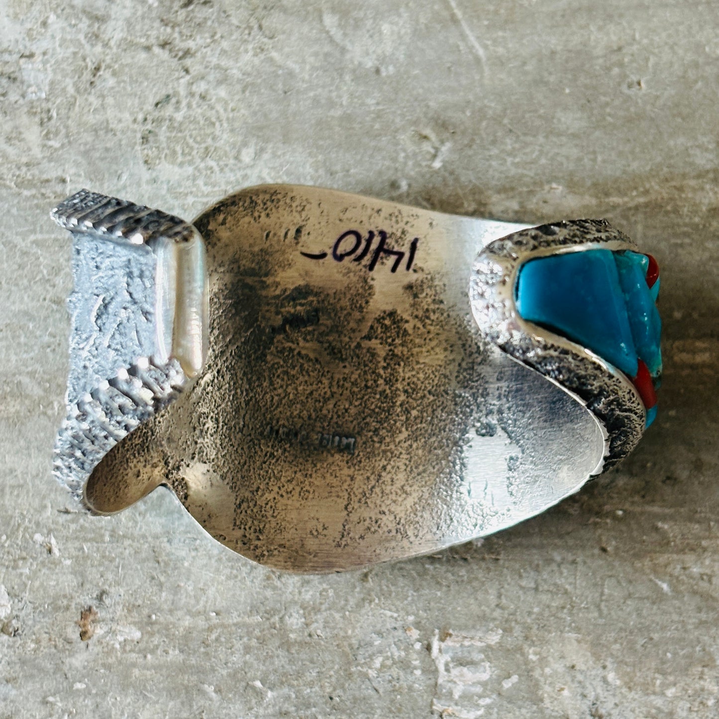 Navajo Lester James Sterling Silver - Red Coral & Kingman Turquoise Cobblestone Cuff