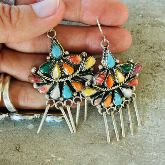 Zuni Phyllis Coonsis Sterling Silver Multi Stone Cluster Earrings