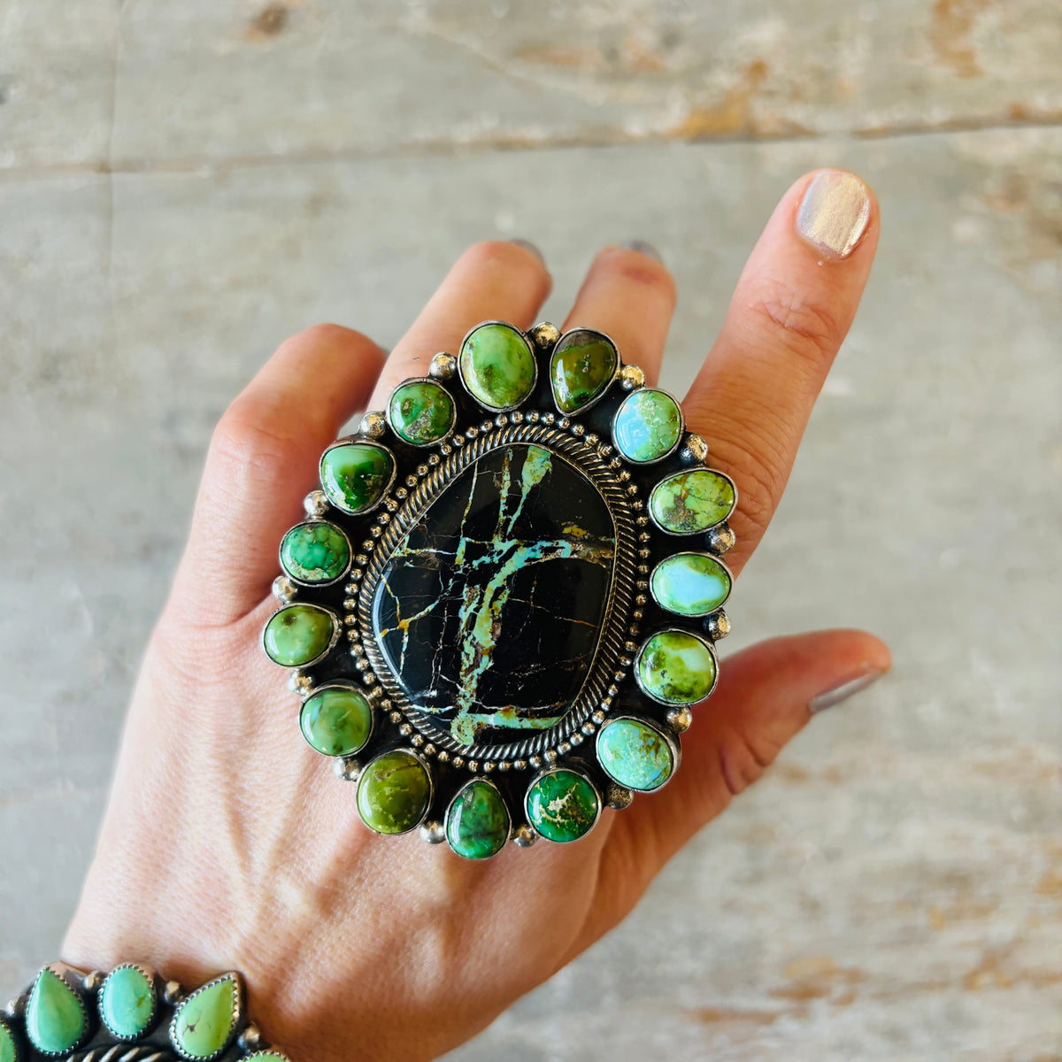 Navajo Hemerson Brown Sterling Silver - Blackjack & Sonoran Turquoise Cluster Ring