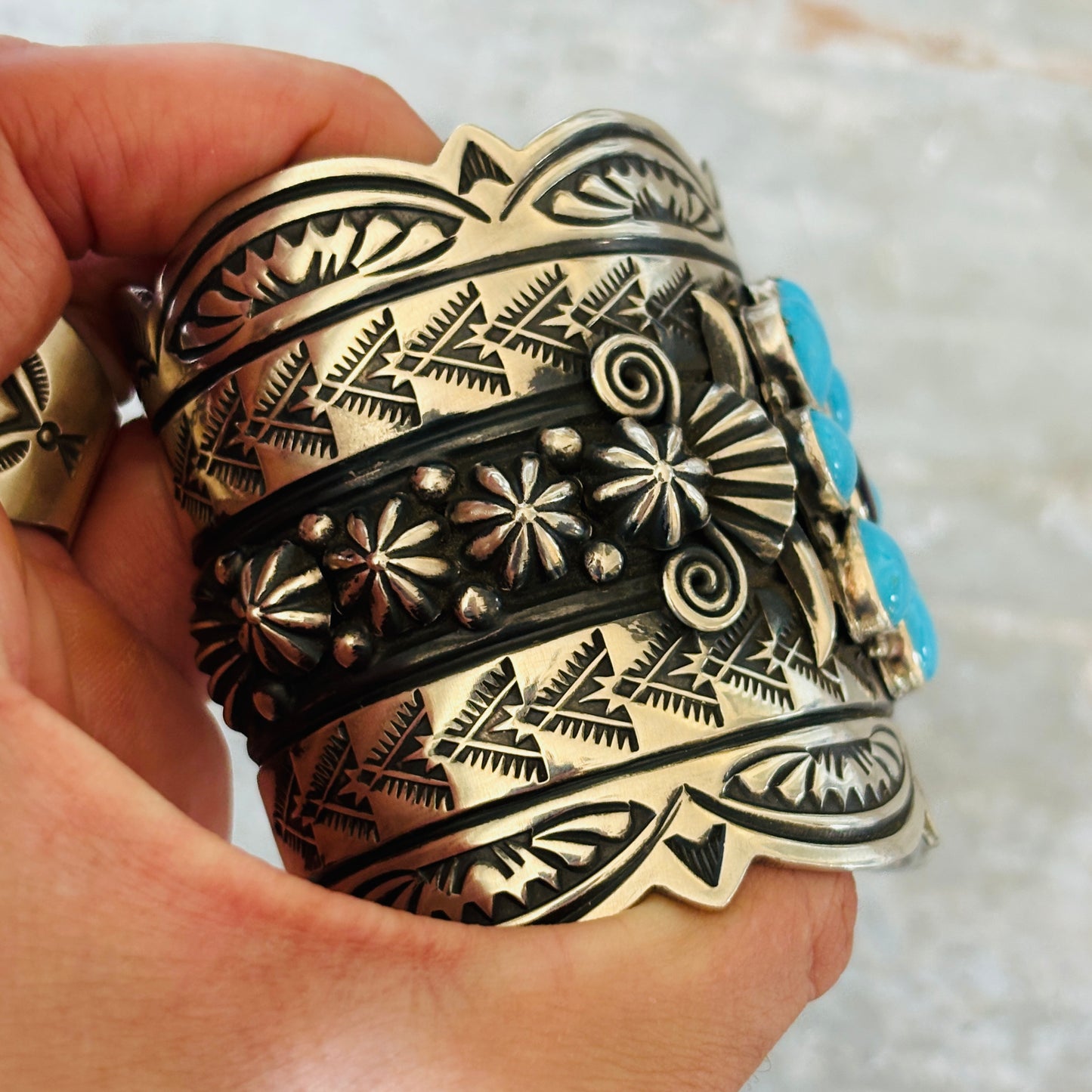 Navajo Delbert Gordon Sterling Silver - Purple Spiny Oyster & Sleeping Beauty Turquoise Statement Cuff