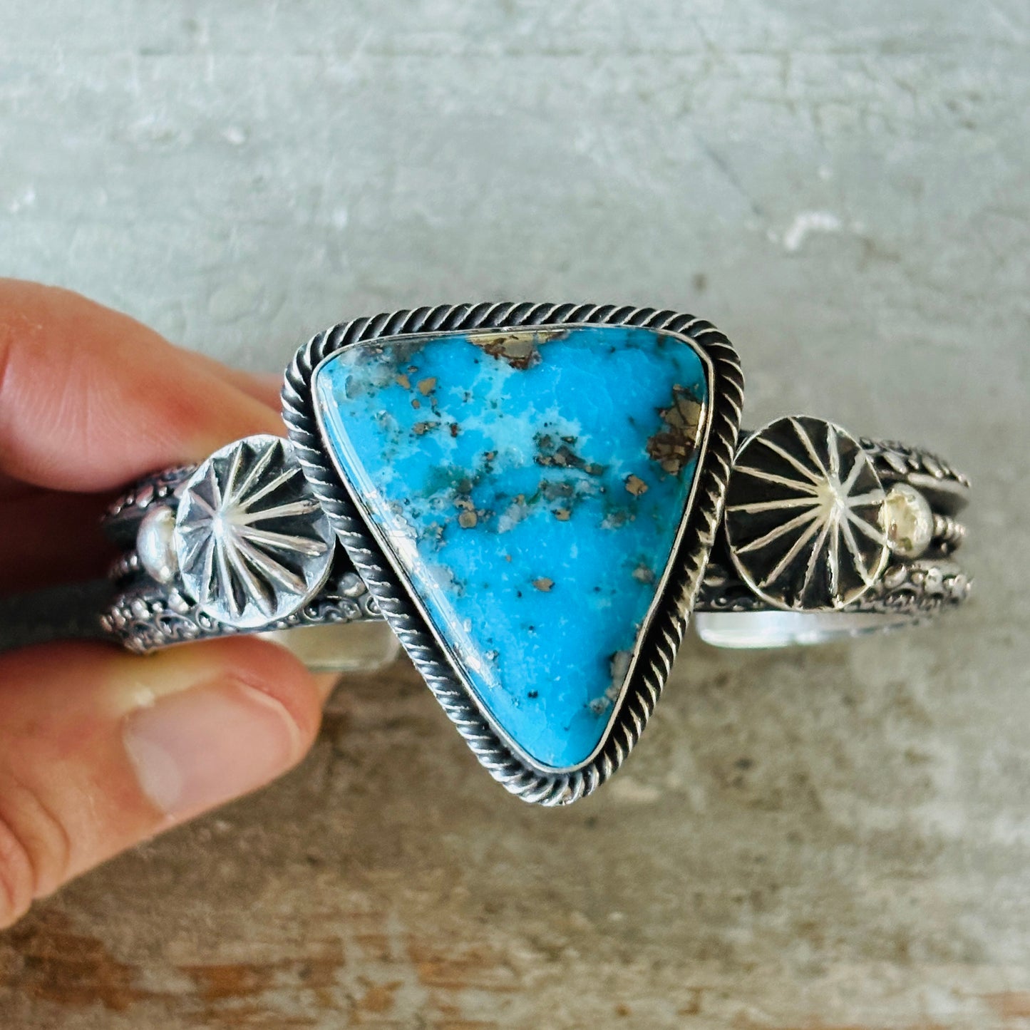 Navajo Hemerson Brown Sterling Silver & Egyptian Turquoise Triangle Cuff