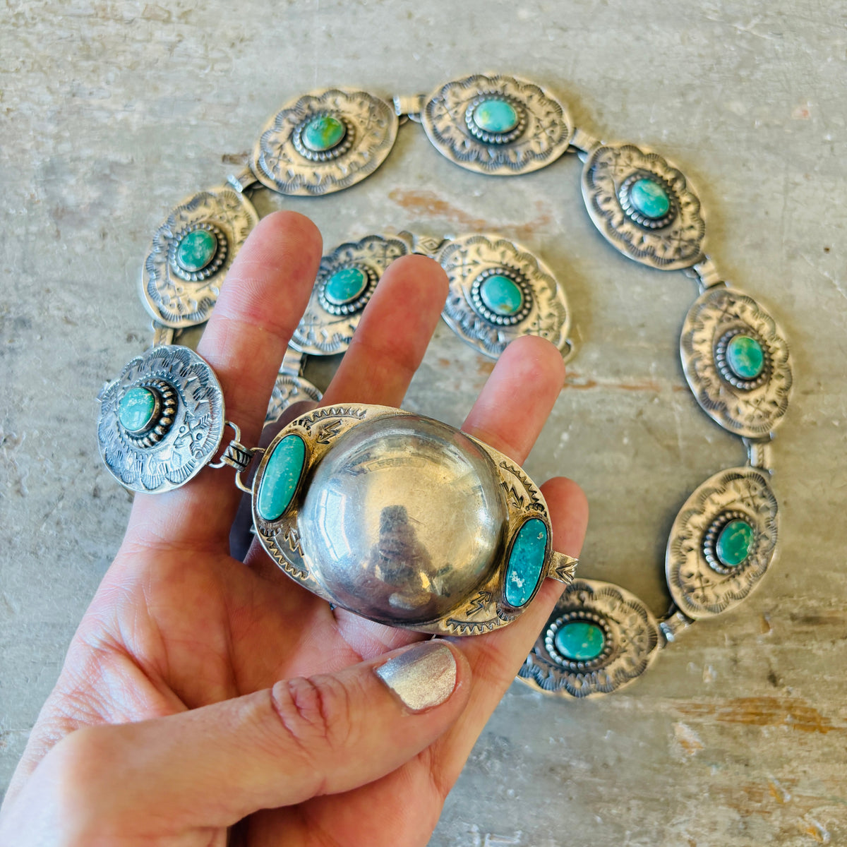 Vintage Fred Harvey Era Sterling Silver & Turquoise Concho Belt