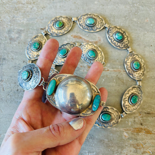 Vintage Fred Harvey Era Sterling Silver & Turquoise Concho Belt