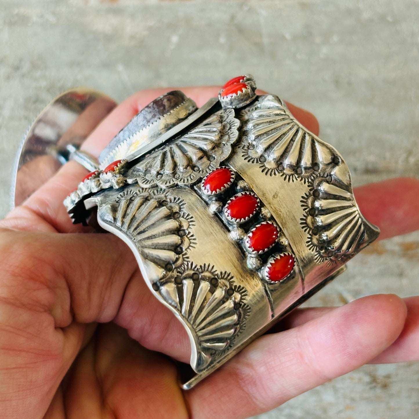 Navajo Glenn Livingston Sterling Silver - Red Coral & Wild Horse Jasper Heart Statement Cuff