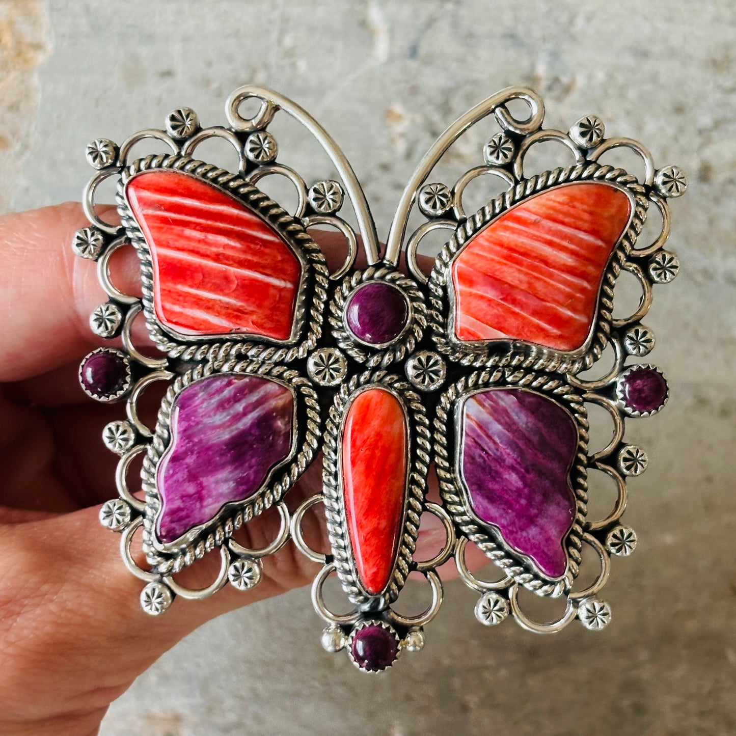 Navajo Hemerson Brown Sterling Silver & Red - Purple Spiny Butterfly Statement Ring