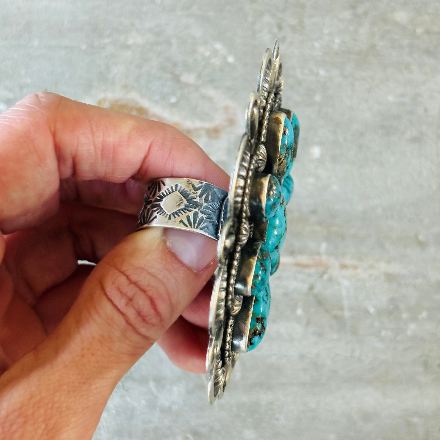 Navajo Leon Martinez Sterling Silver & Kingman Turquoise Cluster Statement Ring