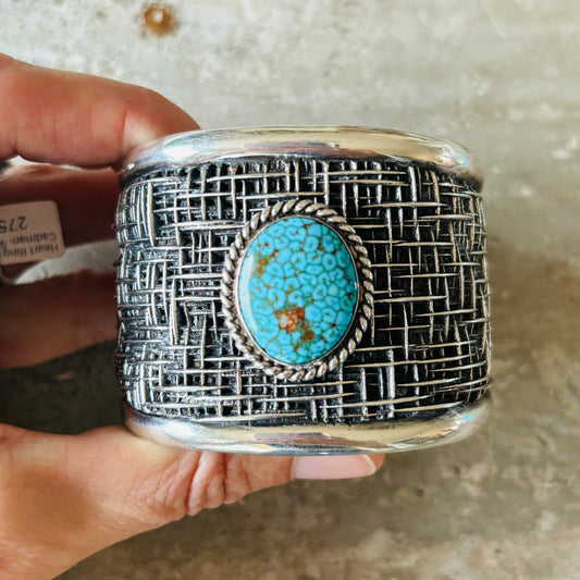 Navajo Aaron Anderson Sterling Silver & Kingman Turquoise Tufa Cast Statement Cuff