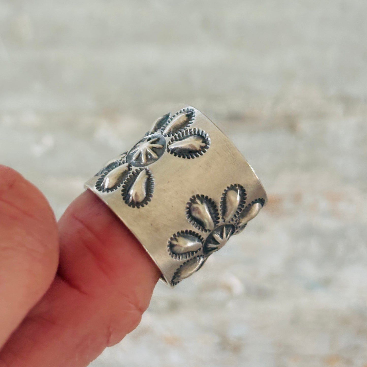 Navajo Robert Johnson Sterling Silver Floral Repousse Ring