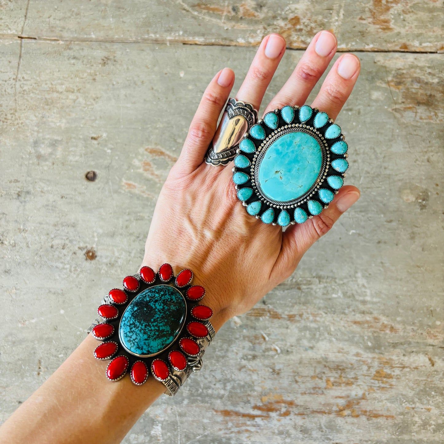 Navajo Edmund Piasso Sterling Silver - Red Coral & Kingman Turquoise Cluster Statement Cuff