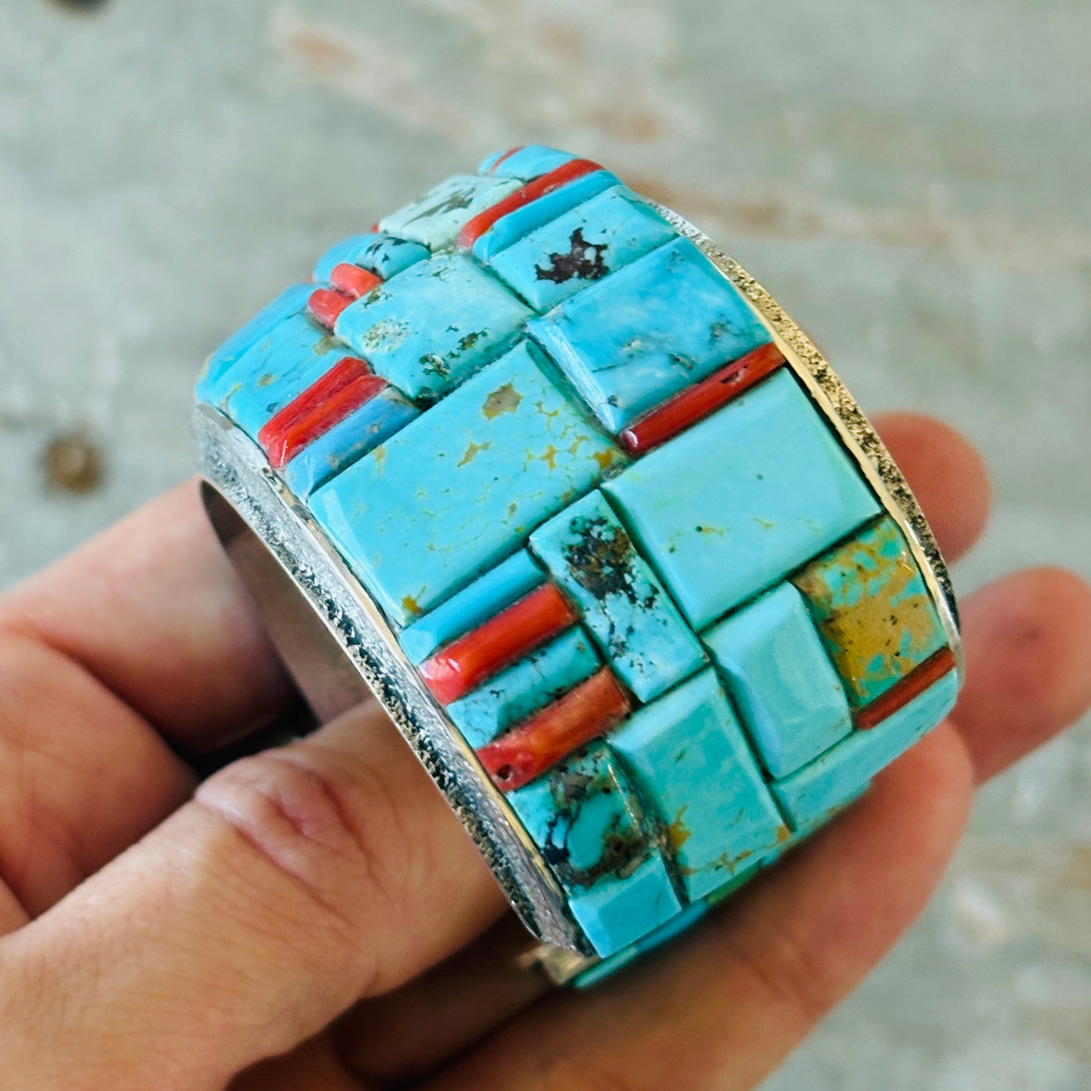 Navajo Lester James Sterling Silver - Red Coral & Multi Turquoise Cobblestone Cuff