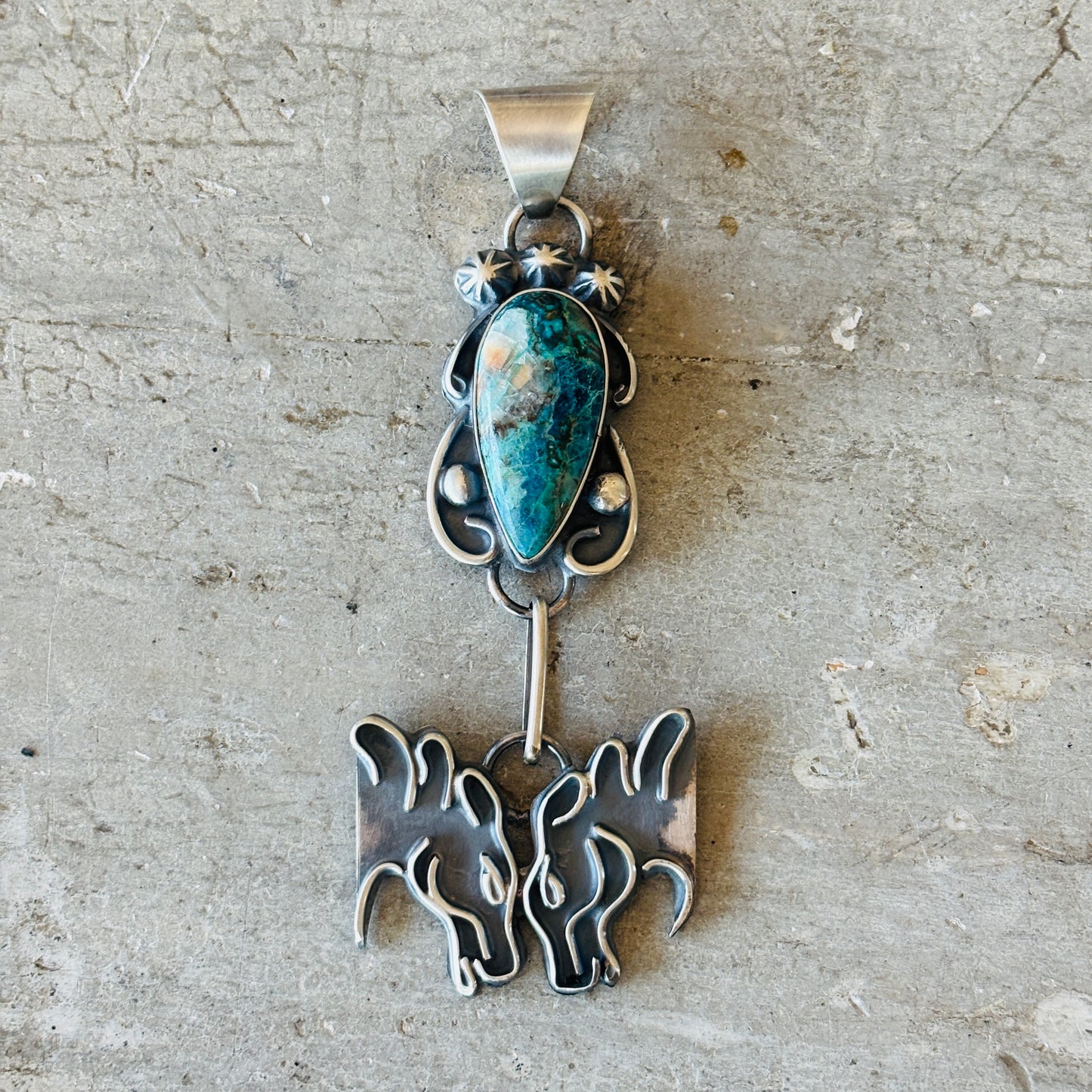 Navajo Miranda Willie Sterling Silver & Chryscolla Horses Pendant
