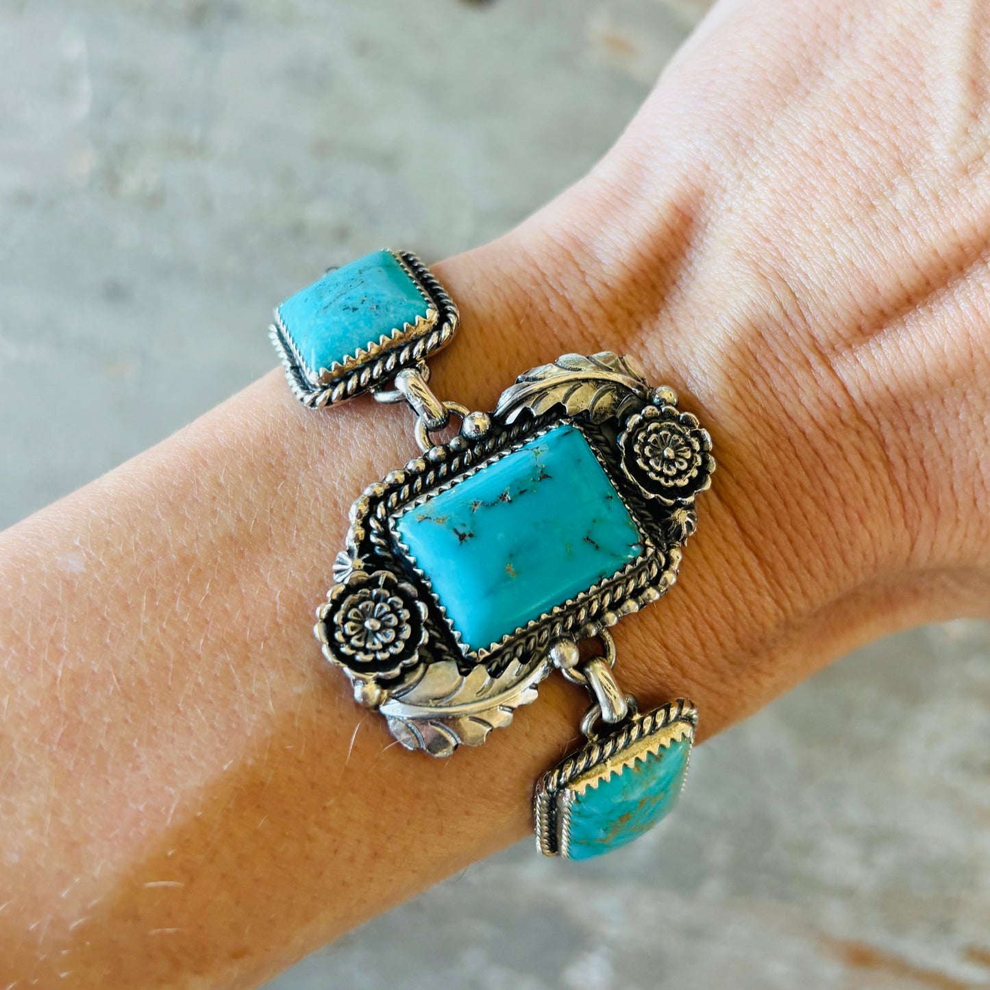 Navajo Brenda Jimenez Sterling Silver & Kingman Turquoise Floral Toggle Bracelet