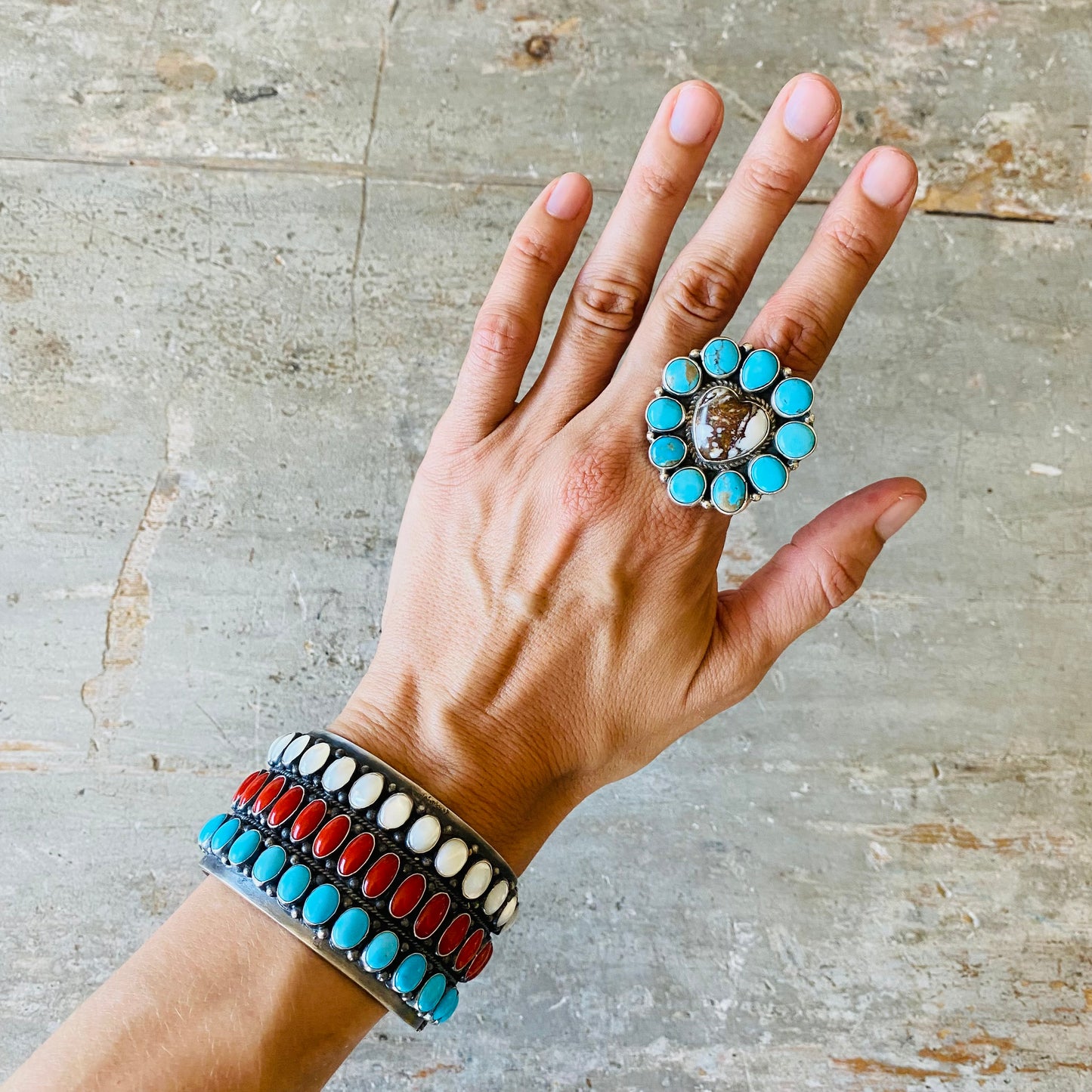 Navajo Geraldine James Sterling Silver - Wild Horse Jasper & Turquoise Heart Cluster Ring