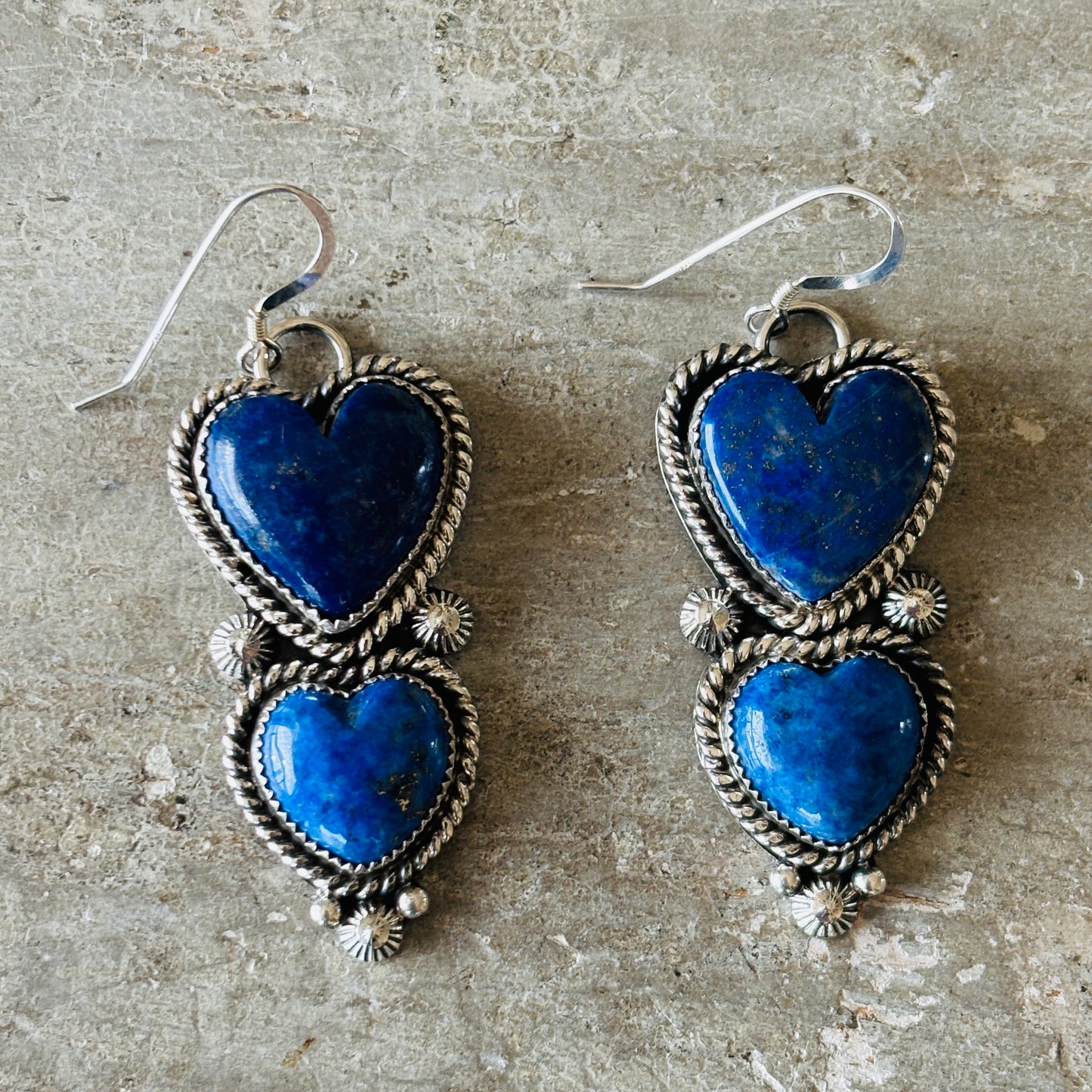 Navajo Hemerson Brown Sterling Silver & Lapis Heart Earrings