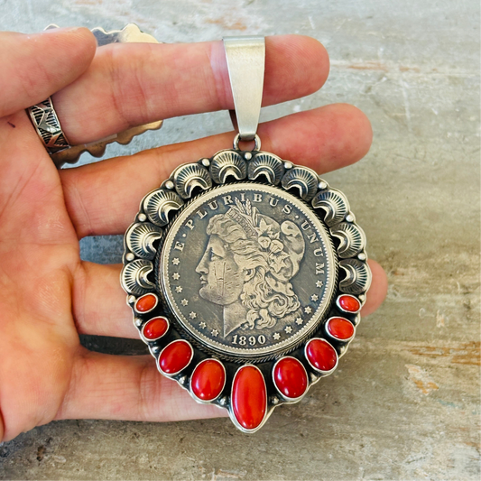 Navajo Randy Boyd Sterling Silver & Red Coral Coin Pendant