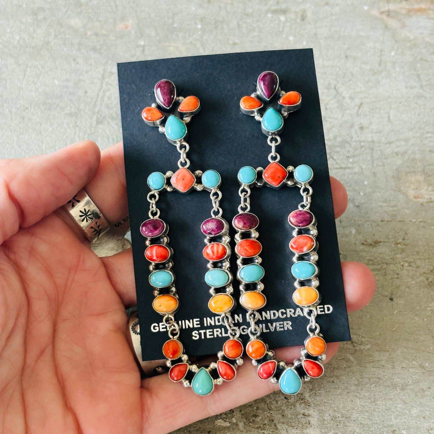 Navajo Jennifer Begay Sterling Silver Multi Stone Fiesta Statement Earrings