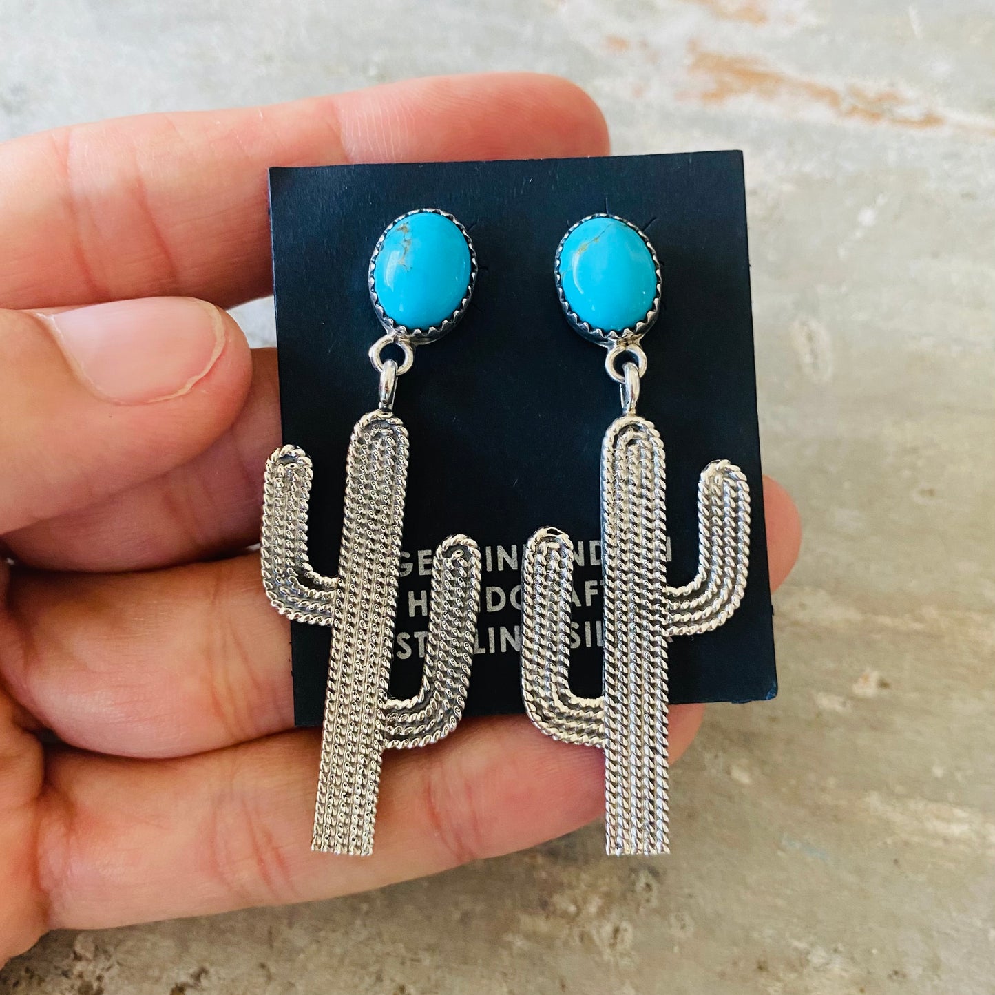 Navajo Signed Sterling Silver & Turquoise Cactus Earrings