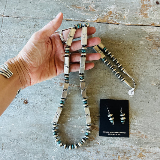 Navajo Sheryl Martinez Sterling Silver & Kingman Turquoise Handmade Pearls Necklace Set