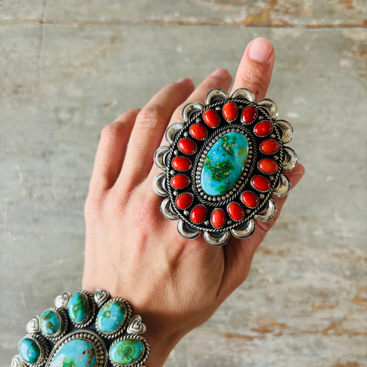 Navajo Hemerson Brown Sterling Silver - Red Coral & Sonoran Turquoise Cluster Statement Ring