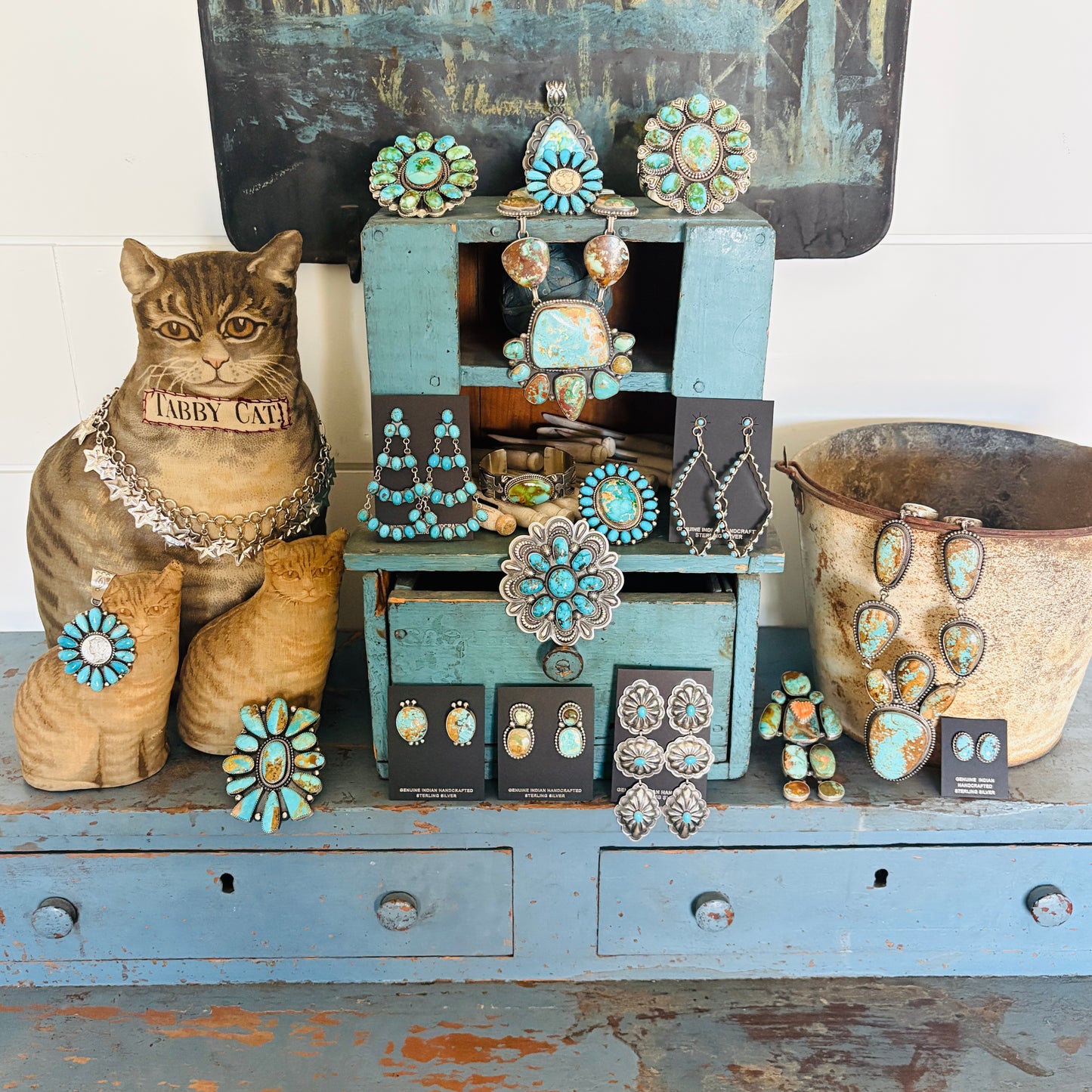 Zuni Iva Booqua Sterling Silver & Turquoise Petit Point Diamond Earrings