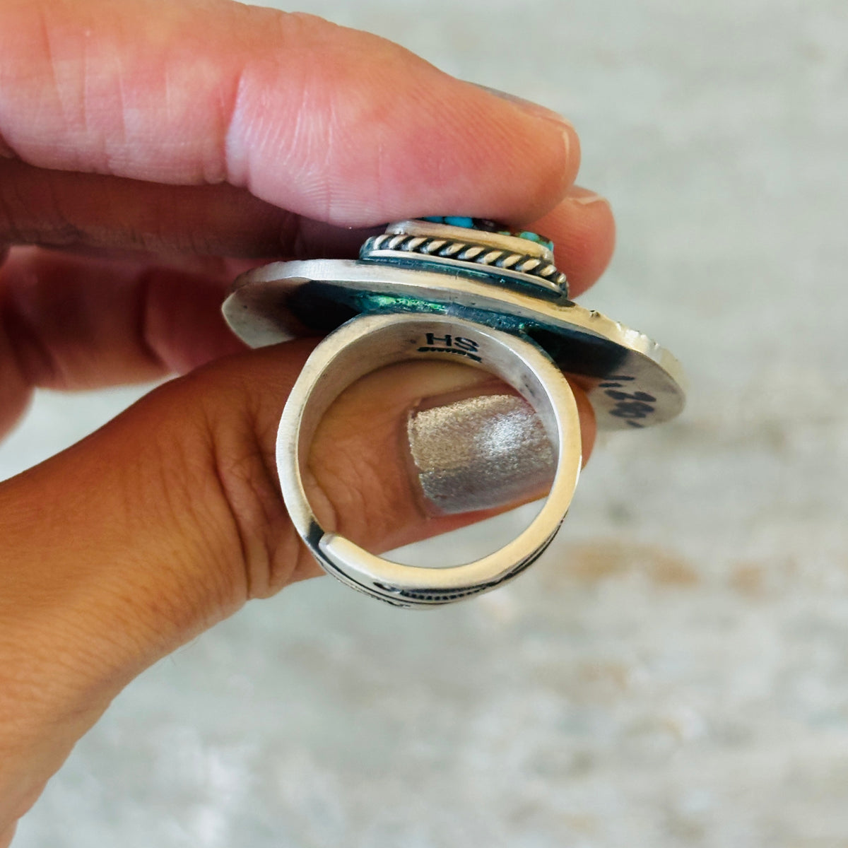 Navajo Hemerson Smith Sterling Silver & Web Kingman Turquoise Naja Ring