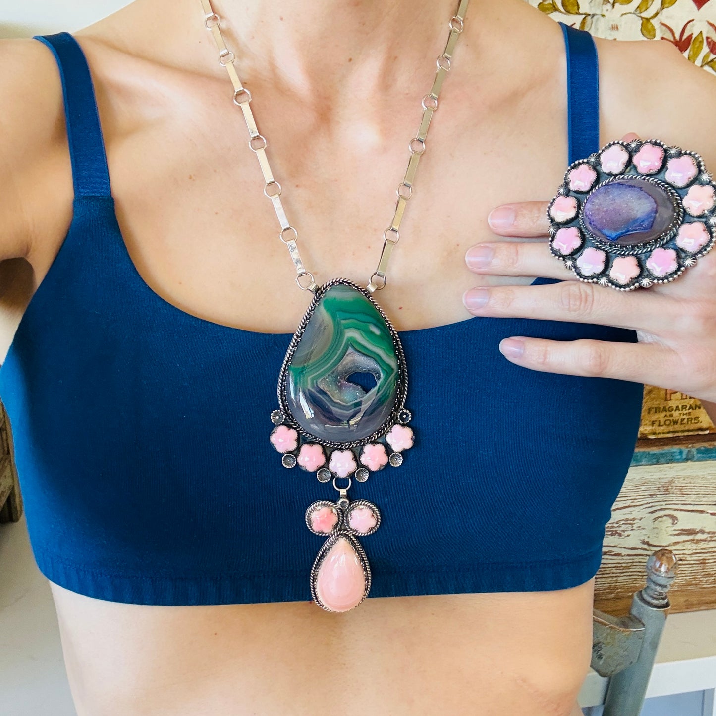 Navajo Hemerson Brown Sterling Silver - Druzy & Pink Conch Statement Necklace