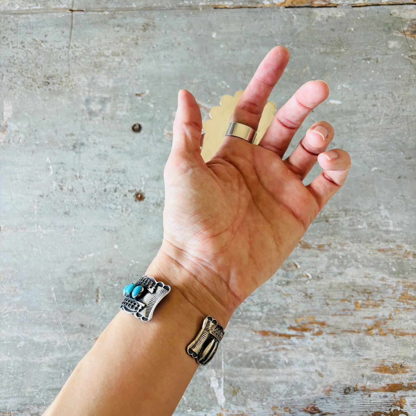 Navajo Hemerson Brown Sterling Silver & Kingman Turquoise Cluster Ring