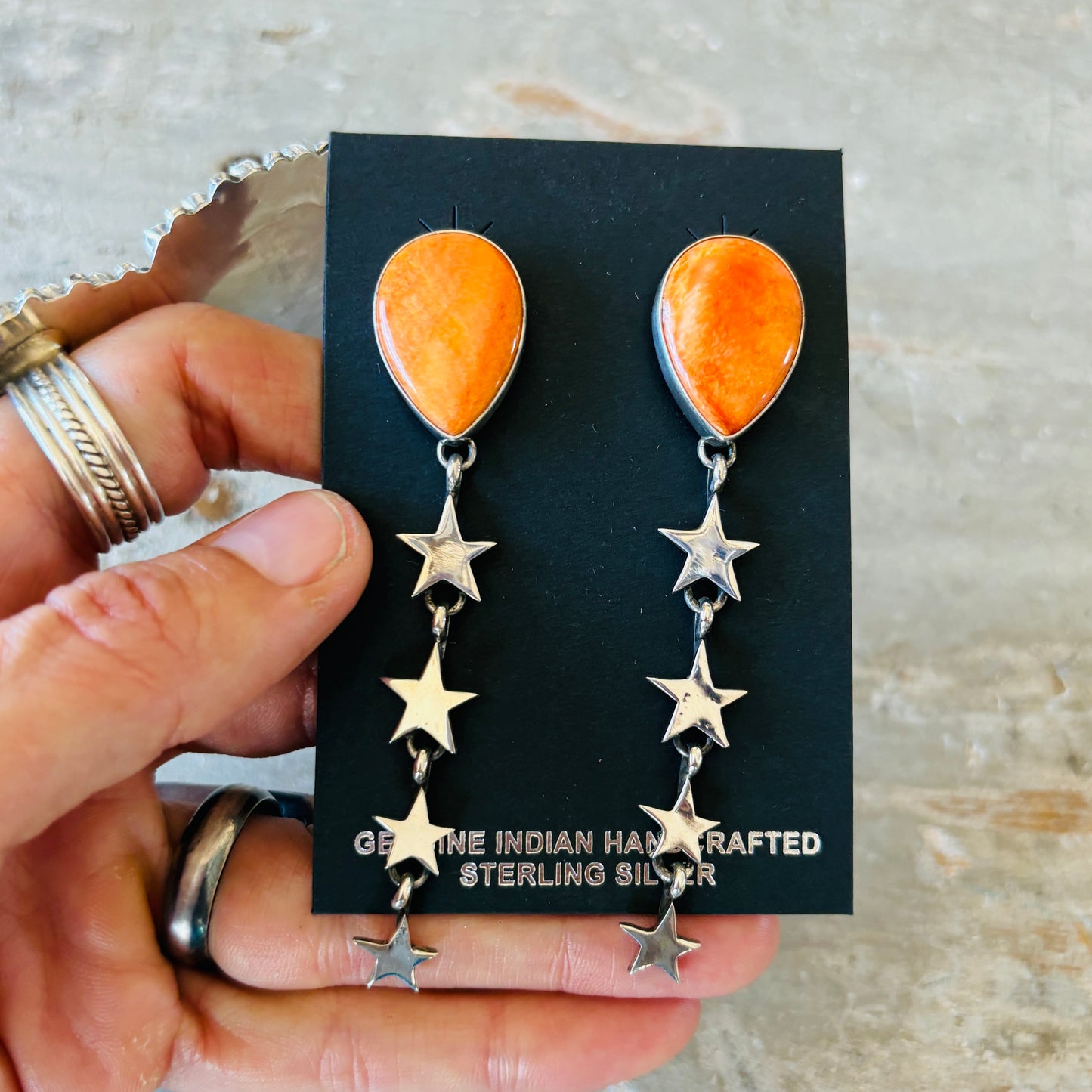 Navajo Eloise Richards Sterling Silver & Orange Spiny Star Earrings