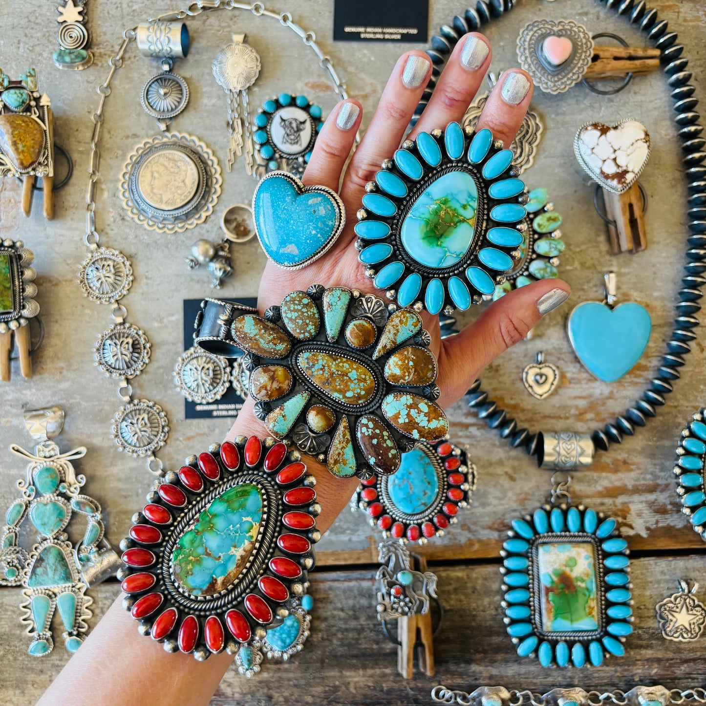 Navajo Hemerson Brown Sterling Silver & Web Kingman Butterfly Concho Statement Necklace Set