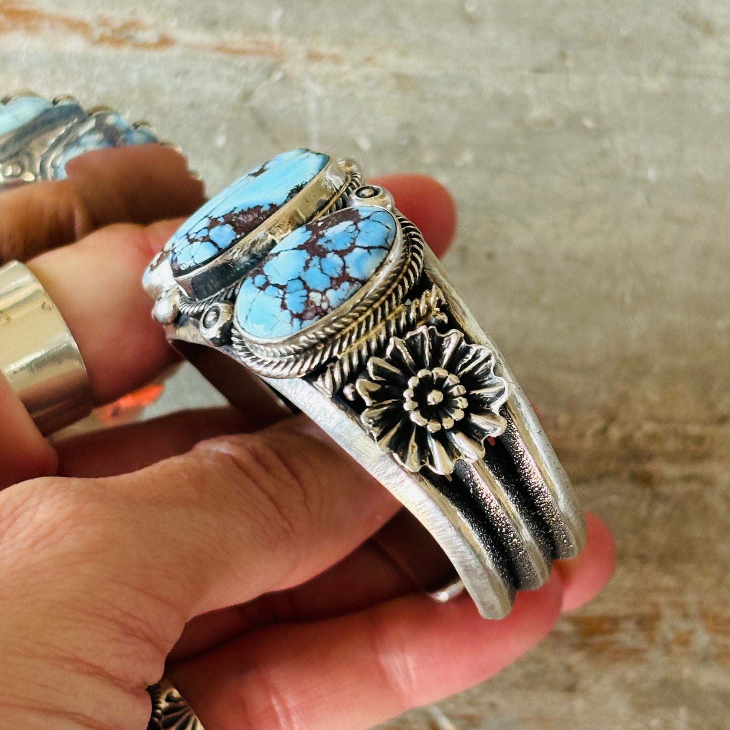 Navajo Hemerson Brown Sterling Silver & Golden Hills Turquoise 5 Stone Stacker Cuff