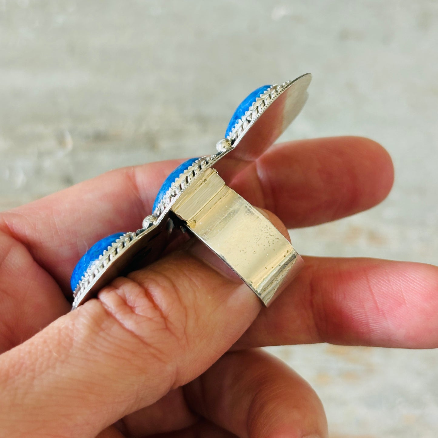 Navajo Hemerson Brown Sterling Silver & Lapis Three Stone Heart Ring