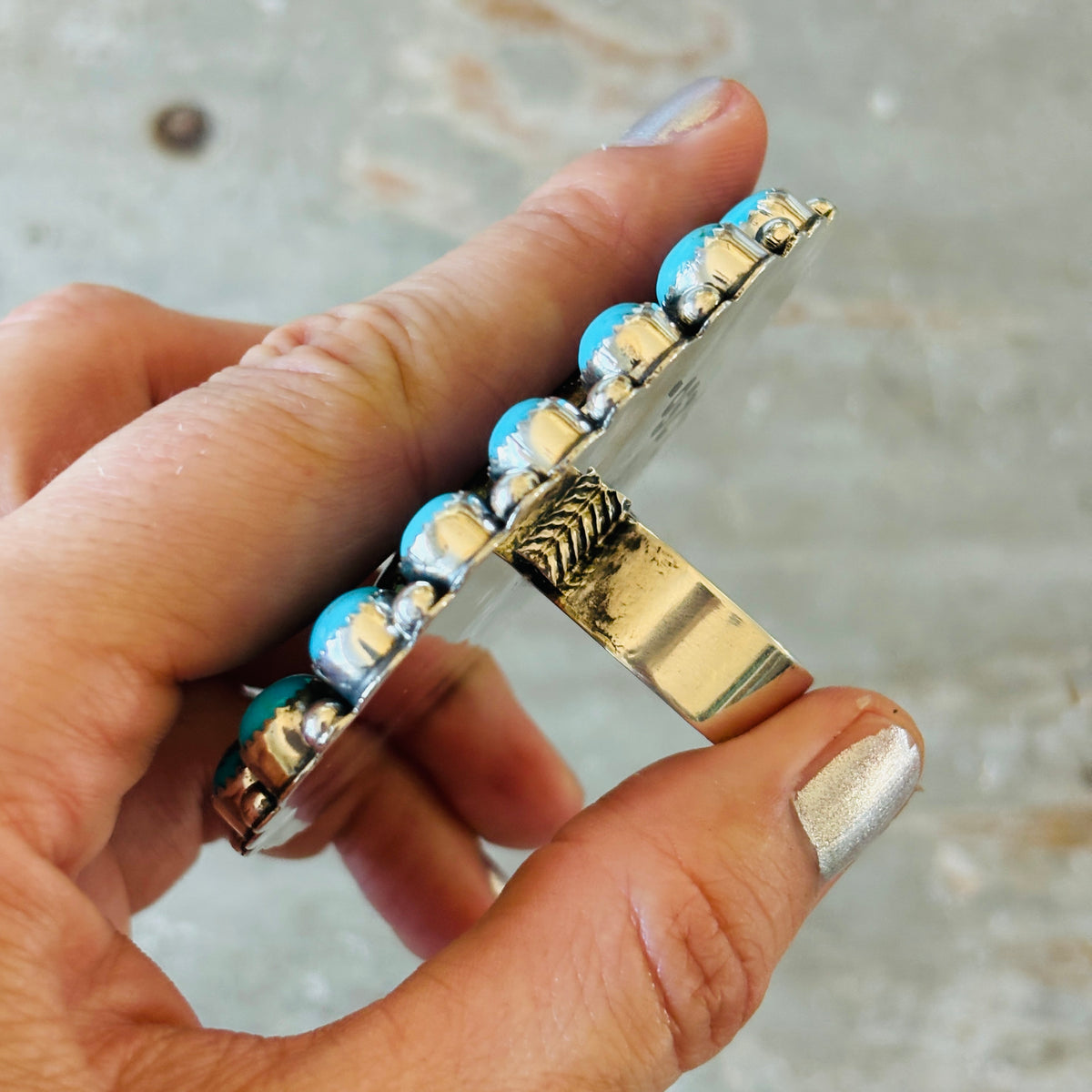 Navajo Hemerson Brown Sterling Silver & Blackjack - Kingman Turquoise Cluster Ring