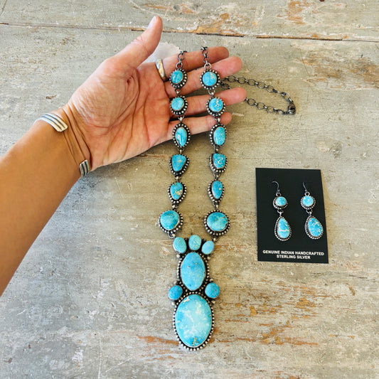 Navajo Ella Peter Sterling Silver & Blue Ridge Turquoise Necklace Set