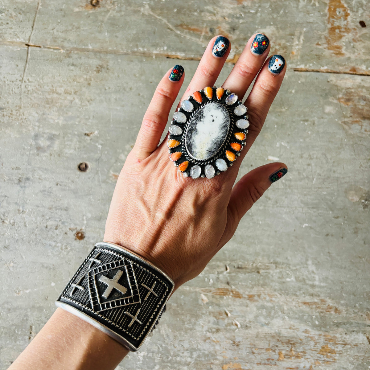 Navajo Kindale Billah - Ceramic - Orange Spiny Oyster & Moonstone Ghost Ring