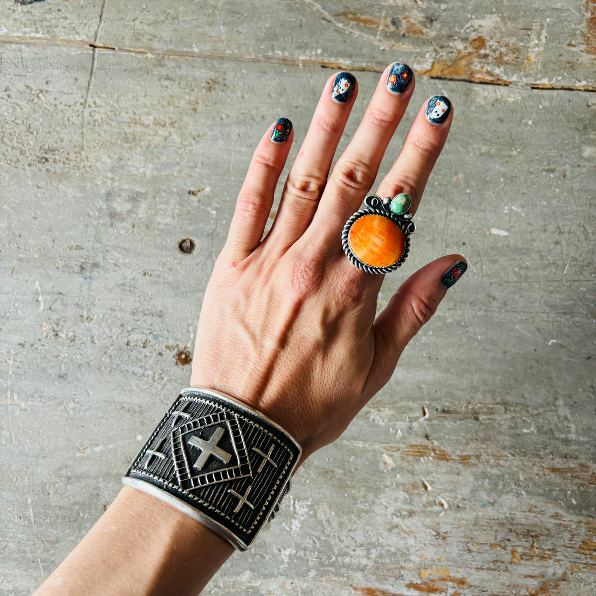 Navajo Kindale Billah Sterling Silver - Orange Spiny & Candelaria Turquoise Pumpkin Ring