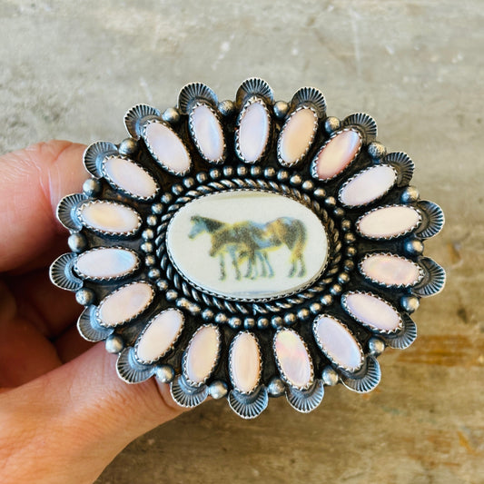 Navajo Kindale Billah Sterling Silver & Pink Mussel Shell Horses Ring