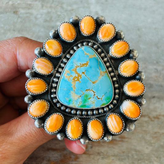 Navajo Dustin Francisco Sterling Silver - Orange Spiny Oyster & Royston Turquoise Cluster Ring