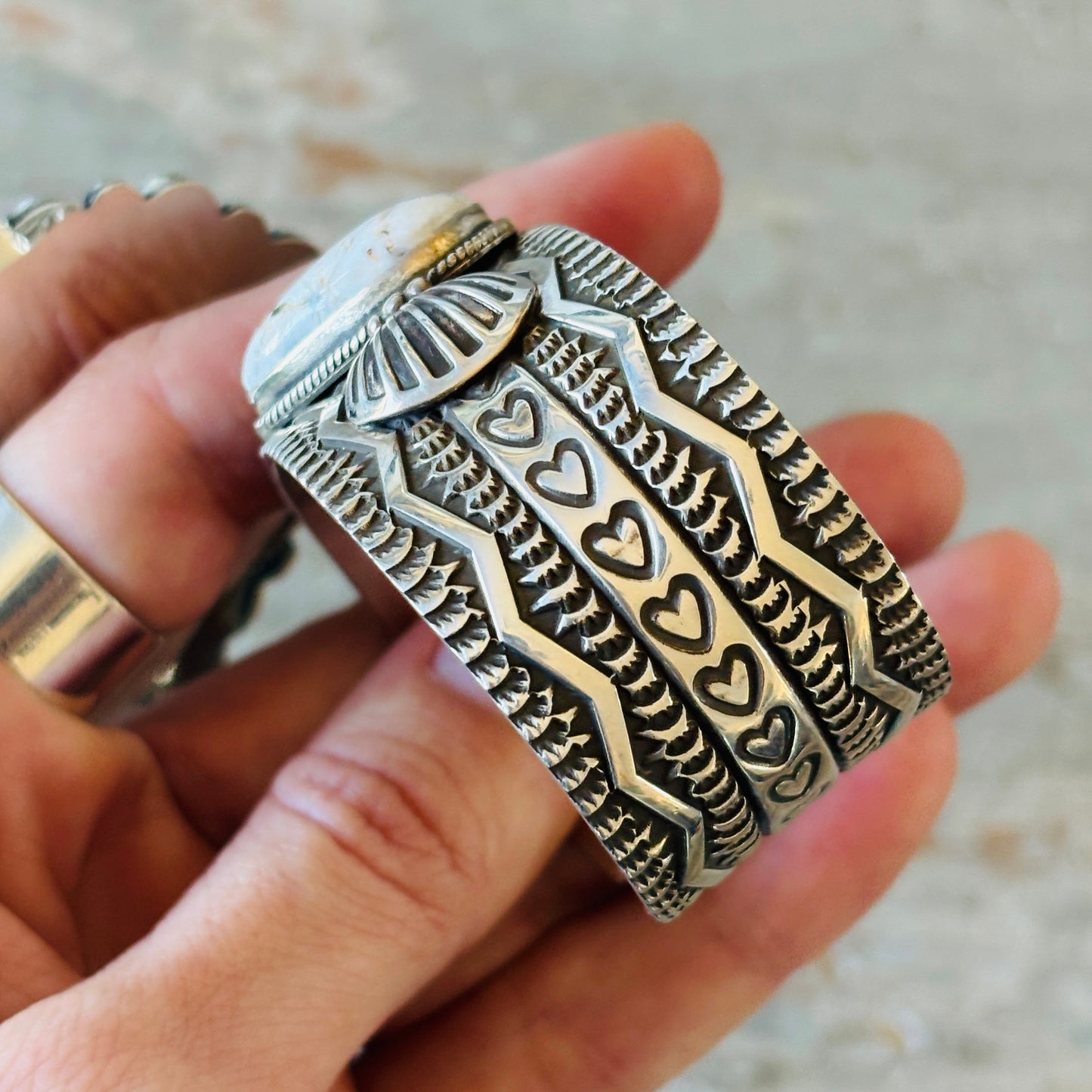 Navajo Darrell Cadman Sterling Silver & White Buffalo Hearts Stacker Cuff